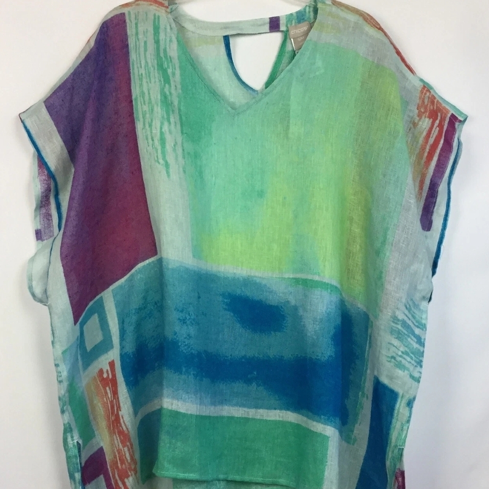 Chico's Linen V-Neck Top in Aqua, Teal, Coral & Purple Stripes - Picture 3 of 10